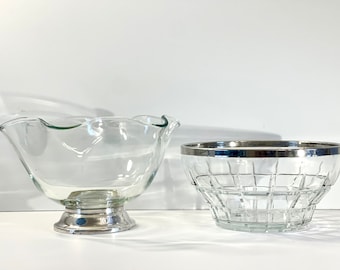 Vintage 1950s 2-Piece Serving Bowl Set -- MCM Glass Bowl w/ Silver Plated Base + Ruffle Rim, Rare Cut Crystal Bowl w/ Silver Plated Band/Rim