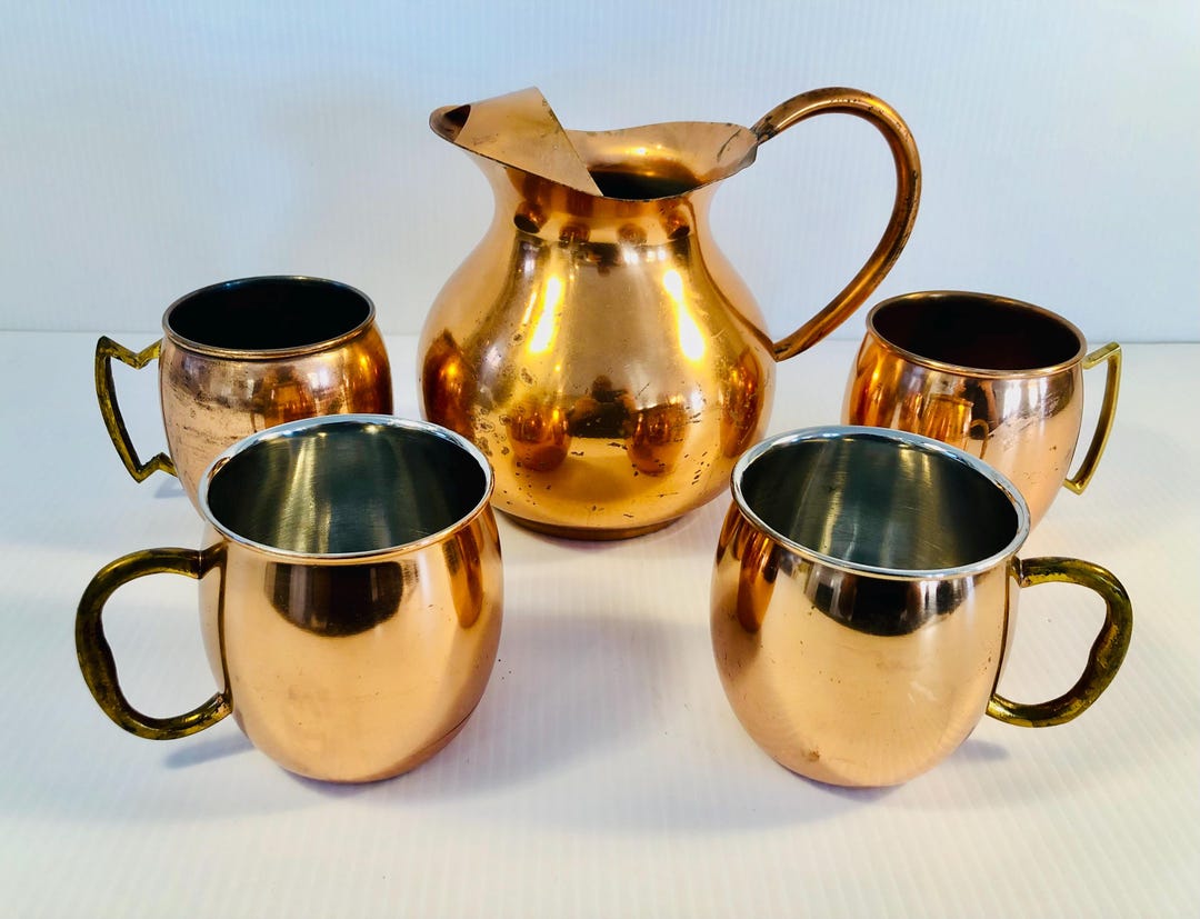 Vintage Copper Moscow Mule Set, Pitcher With Brass Handle Mugs