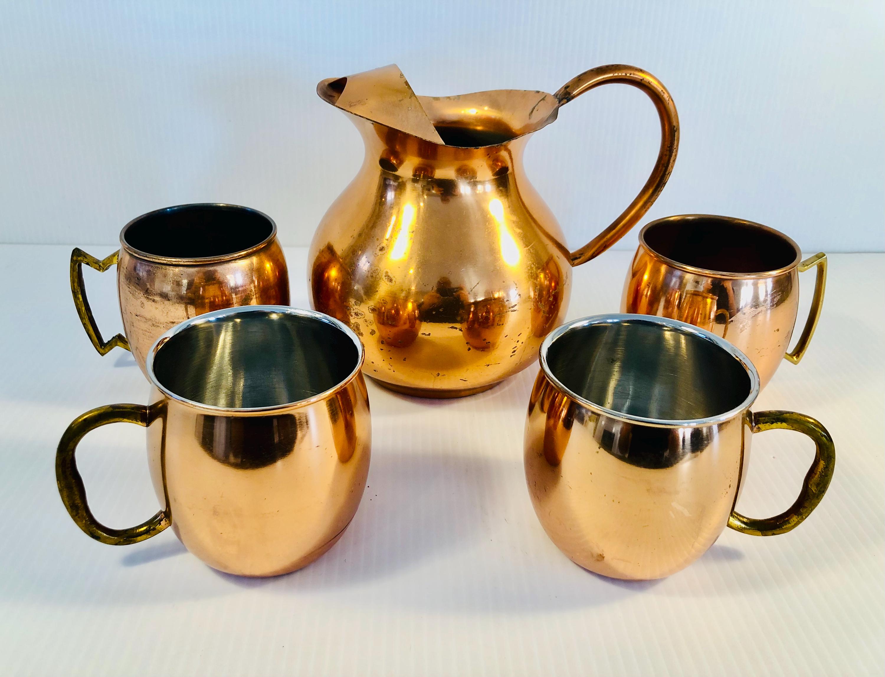 Vintage Copper Moscow Mule Set, Pitcher With Brass Handle Mugs