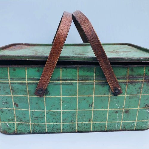 Vintage 1960s Metal Picnic Basket W/wooden Handles Etsy