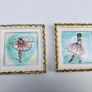 Vintage, Porcelain Ballerina Paintings, Set of Miniature Ballerina Girls in Pink Dresses, Marked Japan with Nippon Logo Stamp, Rare Set