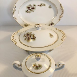 Vintage Fukagawa Arita, Hand Painted 3 Piece Dish Lot, Japan Fine China, Pinecone & Needles, Gold Trim, Soup Tureen, Sugar Dish, Platter