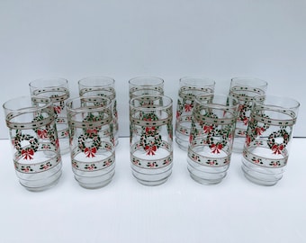 Vintage, Indiana Glass, Christmas Wreath Beverage Glasses, Set of 9, Victorian Christmas Tumblers, Pristine Condition, Holiday Entertaining