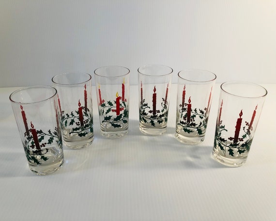 Vintage Christmas Tumblers, MCM Red Candle & Holly Glasses, Set of 6