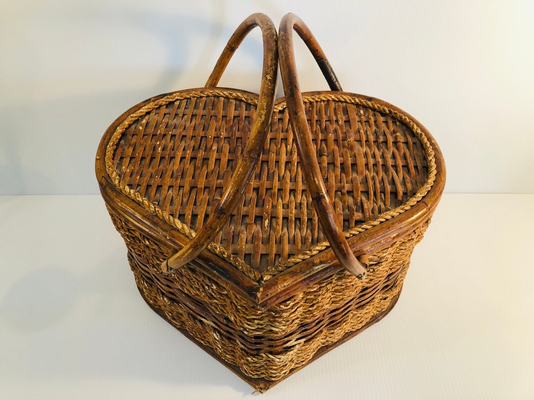 Vintage Wicker Heart Shape Picnic Basket Lined in Red Gingham Quilt