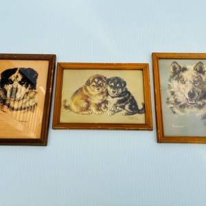 May include: Three rectangular wooden frames containing animal illustrations. The left frame shows a dog, the center frame displays two puppies, and the right frame features a wolf. Each print includes small text signatures and labels.