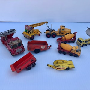 Vintage Matchbox Trucks by Lesney, Die Cast Toys, 1960 and Tootsie Toy Chicago, 9 Piece Set, Trailers, Crane, Cement, Fire Engine, and More