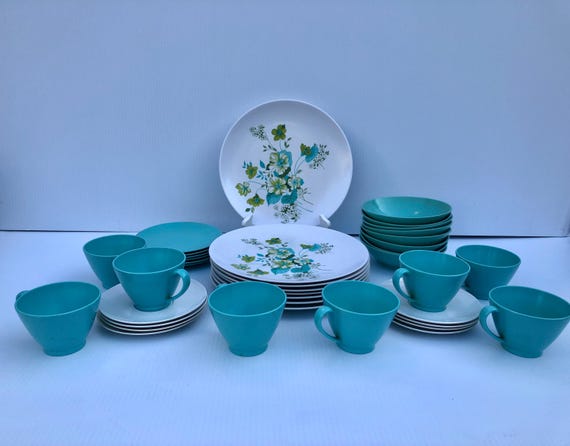 Vintage Turquoise Floral Melmac Dish Set, 38 Piece Lenox Ware - Etsy