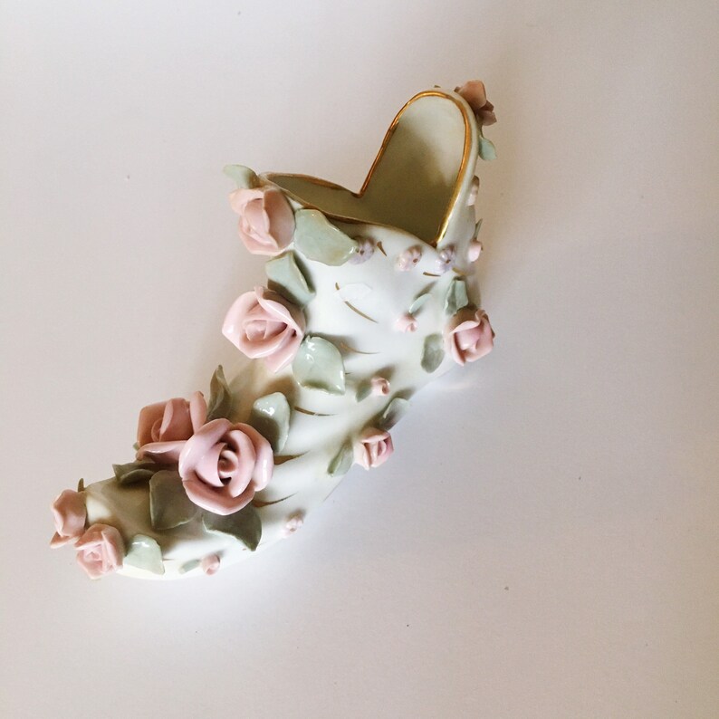 VINTAGE White Porcelain Shoe Planter With Pink Roses | Etsy