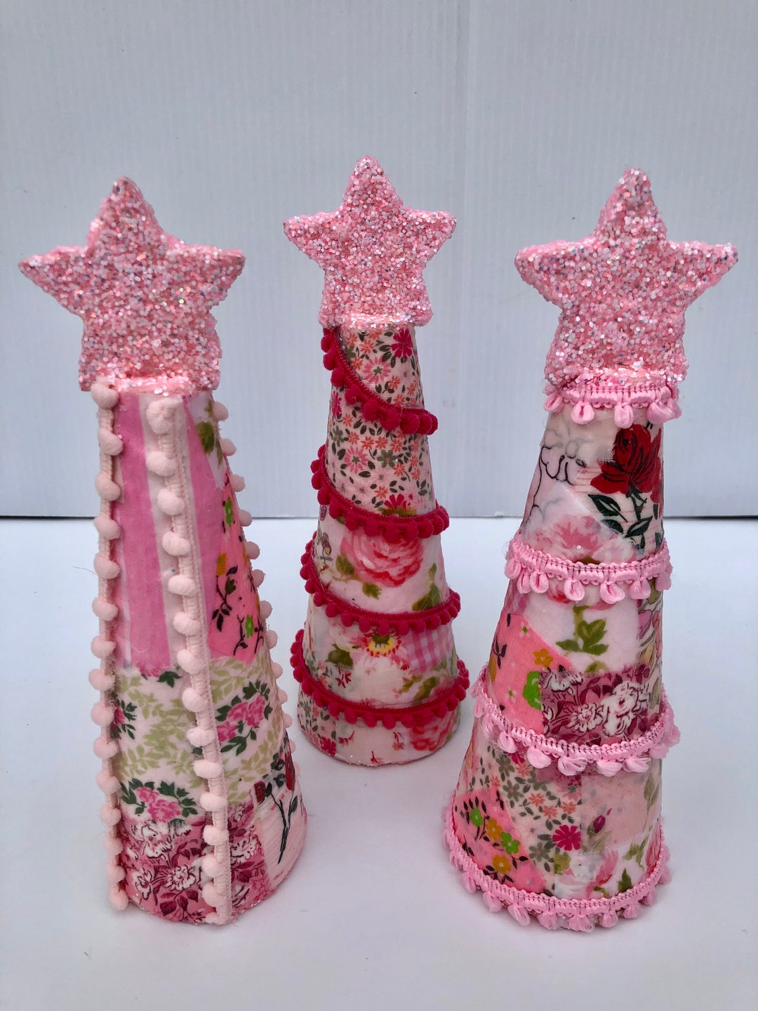 Vintage Pink Christmas Trees Vintage Pink Floral Fabric & Pom Etsy