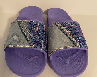 Rhinestone Denim Croc Slides - Women's Size 11
