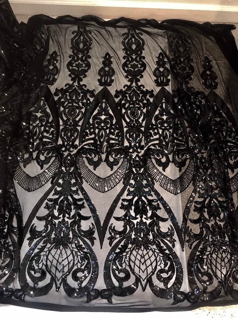 Black 4way Stretch Mesh wblack embrodery Sequins Lace Fabric 50\u201d Width Sold By the Yard