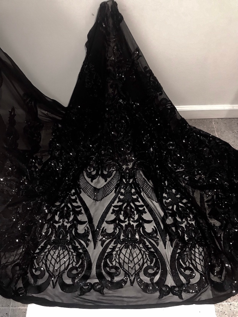 Black 4way Stretch Mesh wblack embrodery Sequins Lace Fabric 50\u201d Width Sold By the Yard