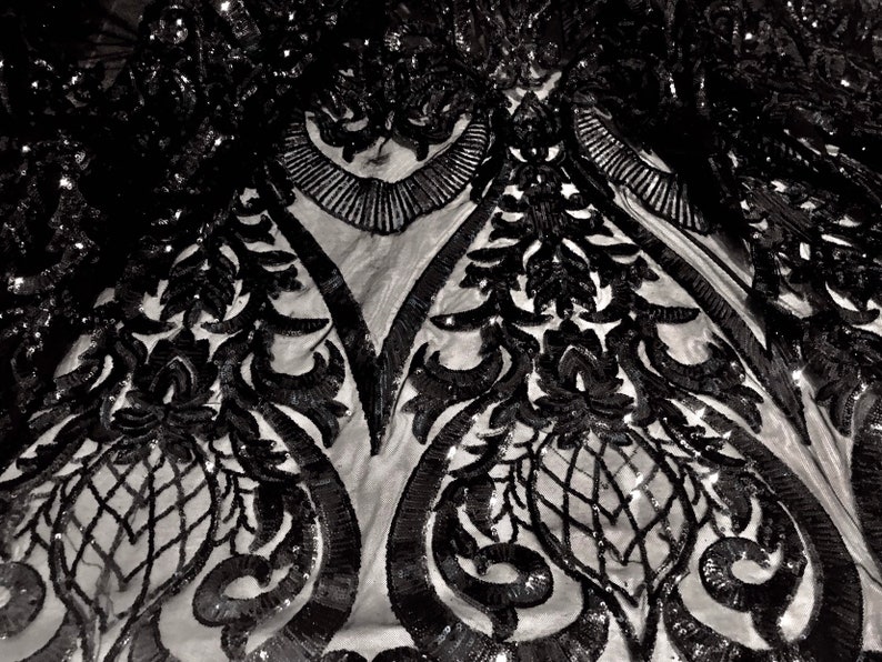 Black 4way Stretch Mesh wblack embrodery Sequins Lace Fabric 50\u201d Width Sold By the Yard