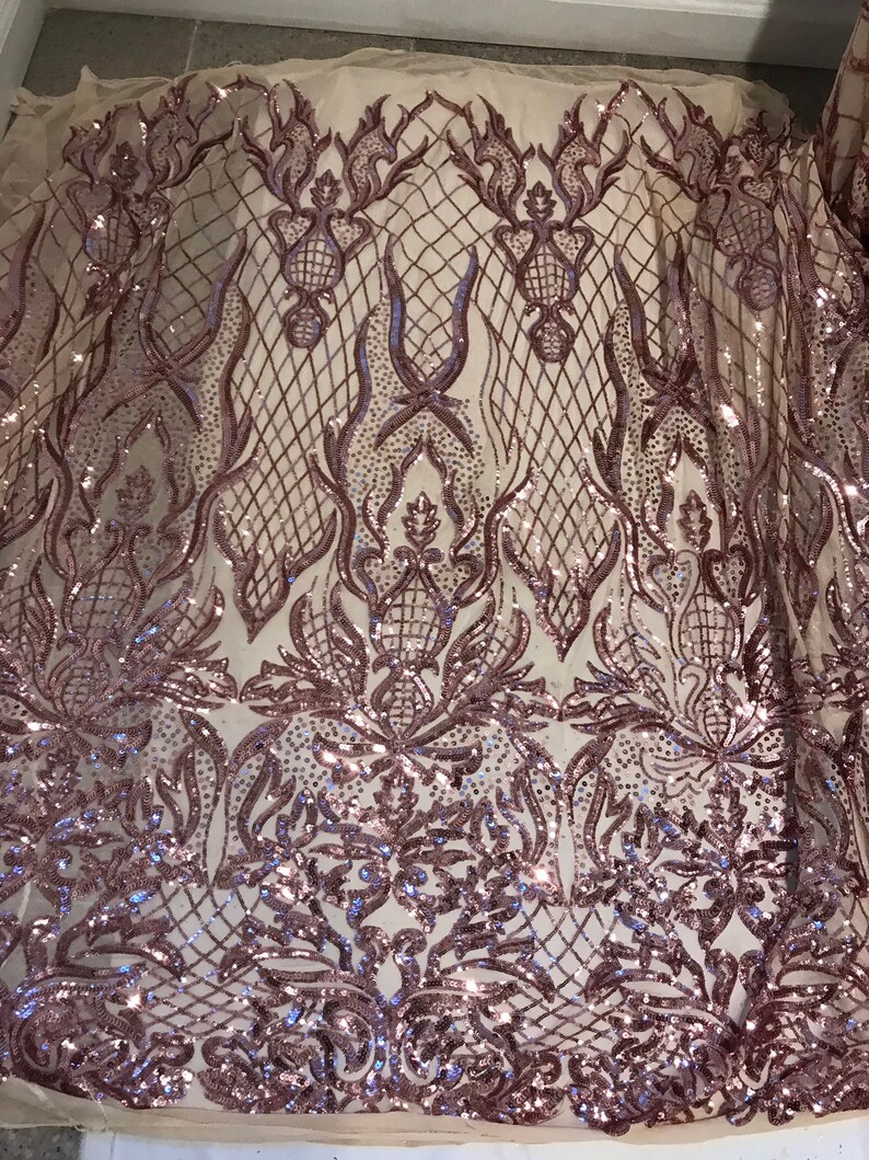 Gold 4way Stretch Mesh wrose pink Sequins Lace Fabric 50\u201d Width 1 Yard