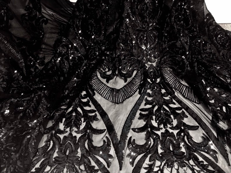 Black 4way Stretch Mesh wblack embrodery Sequins Lace Fabric 50\u201d Width Sold By the Yard