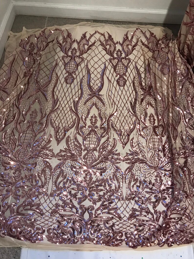 Gold 4way Stretch Mesh wrose pink Sequins Lace Fabric 50\u201d Width 1 Yard