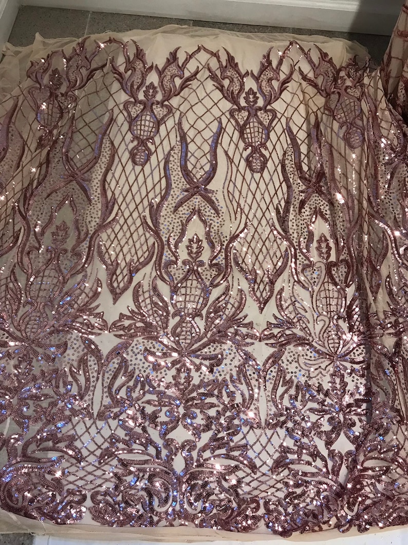 Gold 4way Stretch Mesh wrose pink Sequins Lace Fabric 50\u201d Width 1 Yard