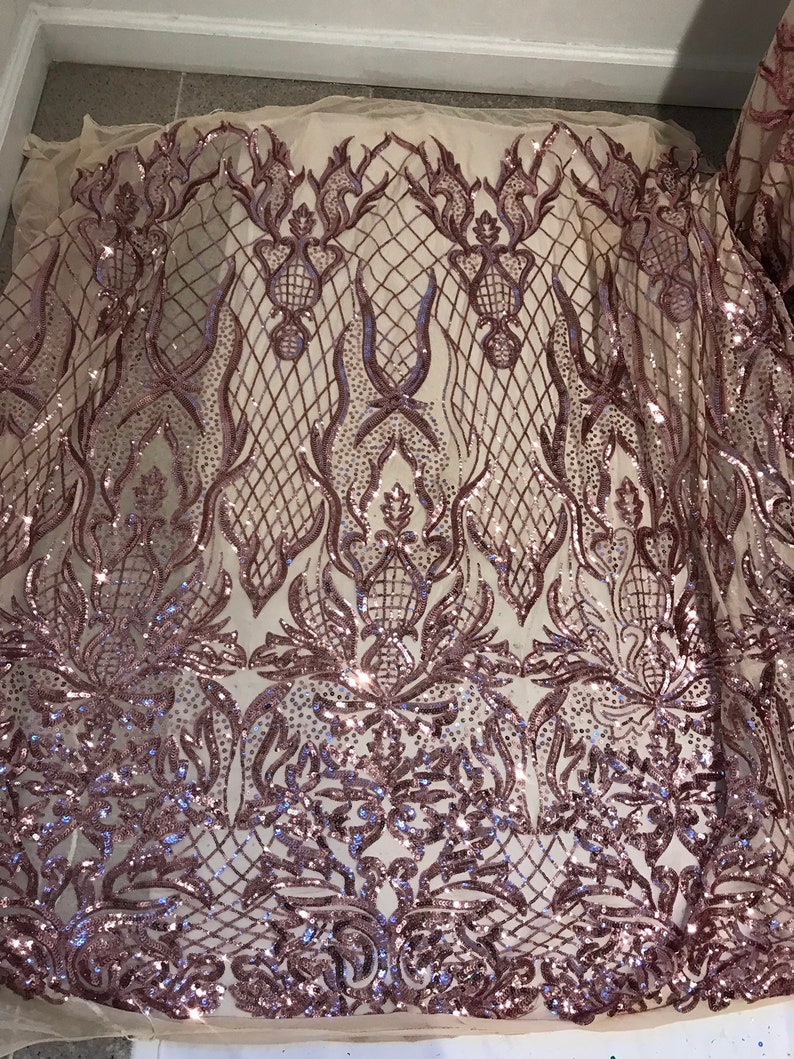 Gold 4way Stretch Mesh wrose pink Sequins Lace Fabric 50\u201d Width 1 Yard