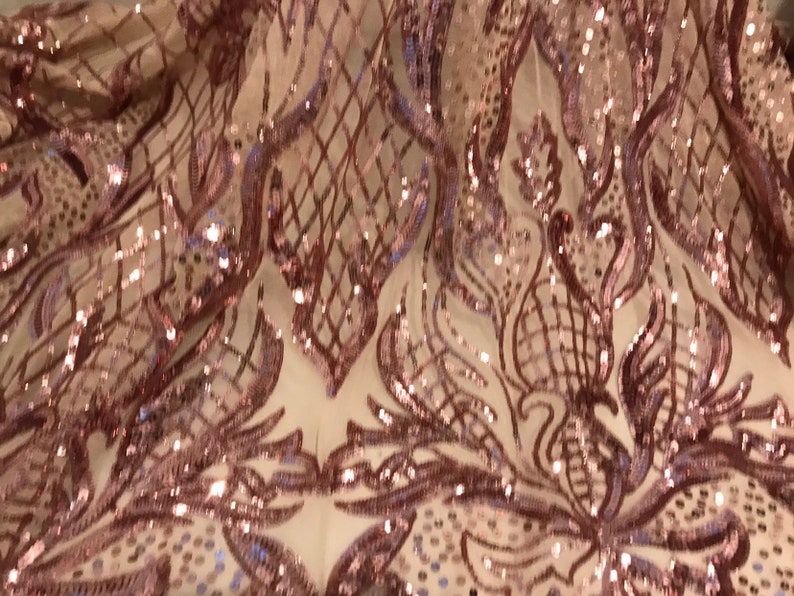 Gold 4way Stretch Mesh wrose pink Sequins Lace Fabric 50\u201d Width 1 Yard