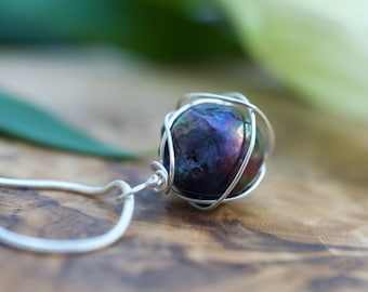 Black Wire Wrapped Pearl Pendant in Sterling Silver