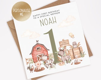 May include: A personalized birthday card with a farm theme. The card features a red barn, a green number one, a pig, a cow, a donkey, a rooster, and a chick. The text on the card reads "Happy First Birthday to a Special Nephew Noah".