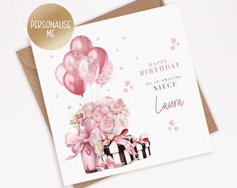 Birthday Card for Niece, Happy Birthday Niece, Special Niece Birthday Card, Pink Prosecco, Best Niece Card, Personalised Card (034)