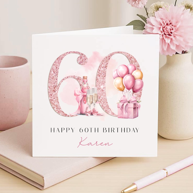 Personalised 60th Birthday Card for Her, Female, Pink Rose Gold ...