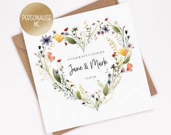 Personalised Floral Wedding Card, Wild Flowers, Congratulations On Your Wedding Day, Card for Bride & Groom, Greenery Heart Wreath (044)