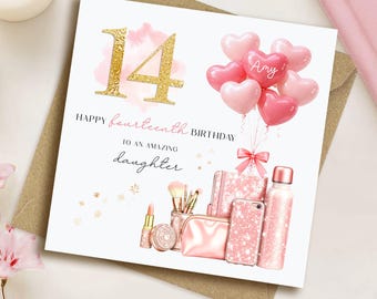 Daughter 14th Birthday Card, Personalised, Girly, Rose Gold, Skincare, Make-up, Age 14 (003)