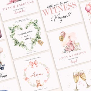 May include: A collection of greeting cards with various designs and text. Cards feature floral arrangements, balloons, champagne glasses, and celebratory messages. Text includes "Fifty & Fabulous," "Will you be our Witness?" and "Congratulations."