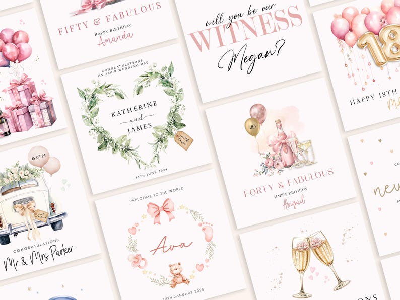 May include: A collection of greeting cards with various designs and text. Cards feature floral arrangements, balloons, champagne glasses, and celebratory messages. Text includes "Fifty & Fabulous," "Will you be our Witness?" and "Congratulations."