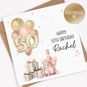 Personalised 50th Birthday Card for her - 50th birthday card for mum, sister, auntie - 50th Birthday Gift - Fifty, Fiftieth Prosecco (012)