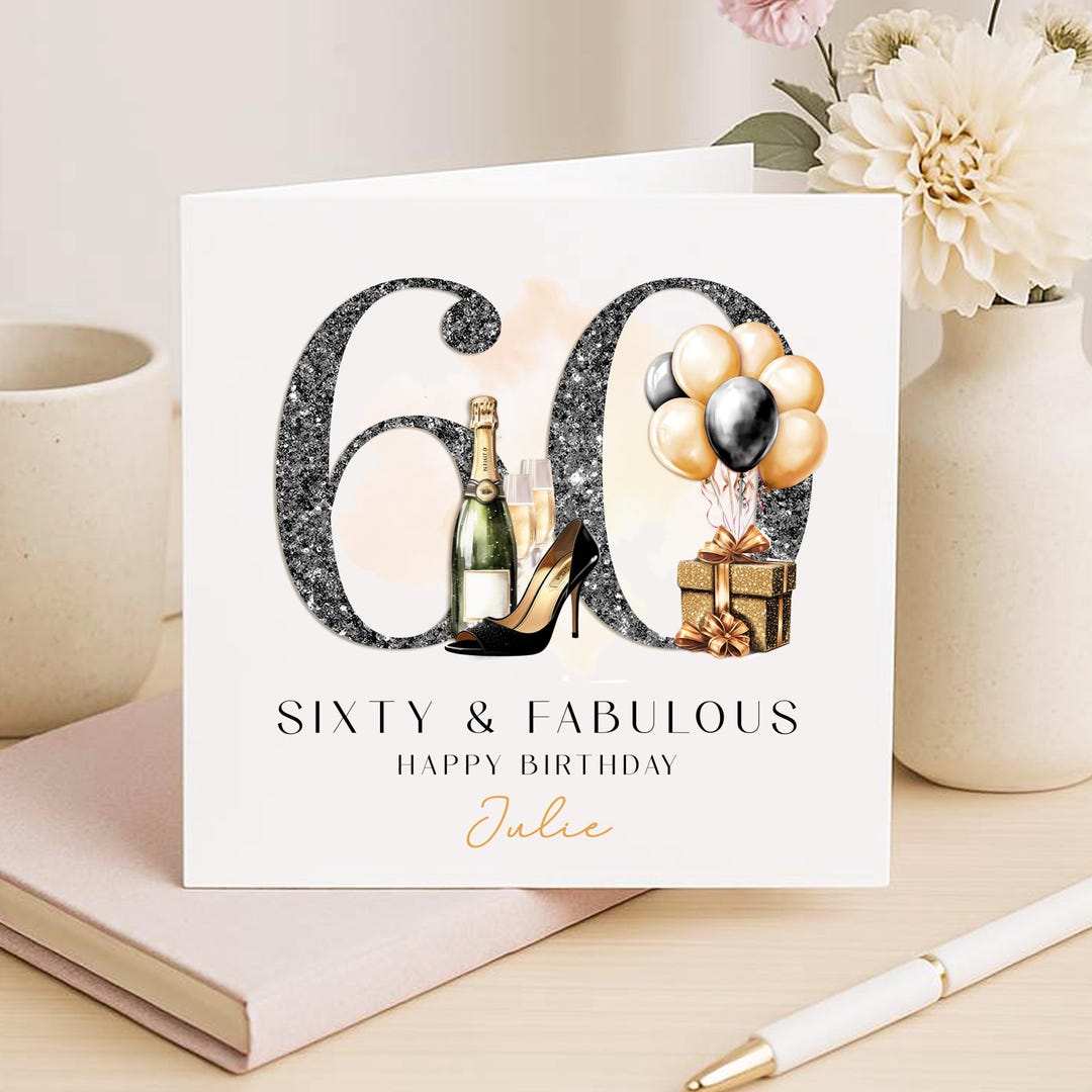 60th Birthday Card for Women, Personalised With Name, Black Gold ...