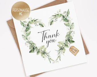 Thank You Card, Wedding Thank You Card, Greenery Card, Simple Thank You Card, Floral, Botanical Thank You Card, Heart Wreath (021)