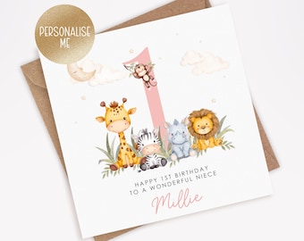Carte d'anniversaire personnalisée pour fille, petite-fille, nièce, fille, bébé animaux de safari, rose, carte d'animal pour fille (038)