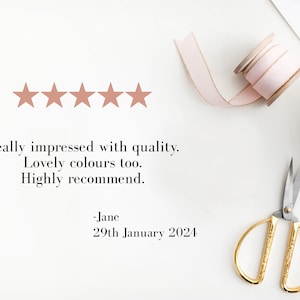 May include: Five star review with the text "Really impressed with quality. Lovely colours too. Highly recommend." and a signature "Jane" and the date "29th January 2024".