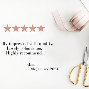 May include: Five star review with the text "Really impressed with quality. Lovely colours too. Highly recommend." and a signature "Jane" and the date "29th January 2024".