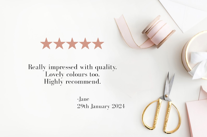 May include: Five star review with the text "Really impressed with quality. Lovely colours too. Highly recommend." and a signature "Jane" and the date "29th January 2024".
