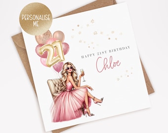 Op de afbeelding: Een roze en gouden verjaardagskaart met een vrouw in een roze jurk en gouden hakken die een glas champagne vasthoudt. De kaart zegt "Happy 21st Birthday Chloe" en heeft een gouden ballon met de tekst "21".