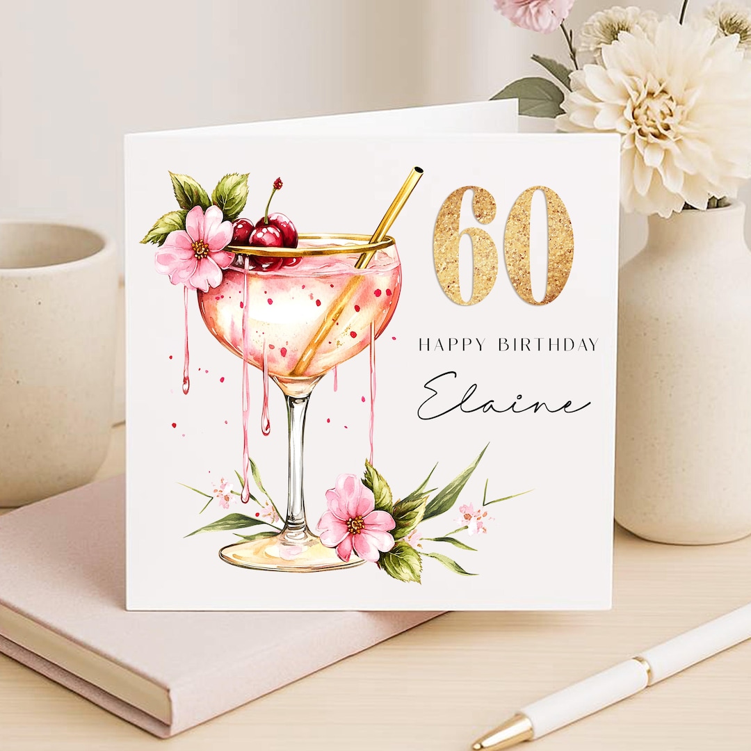 Personalized 60th Birthday Card, Rose Gold Cocktail Design - Etsy UK