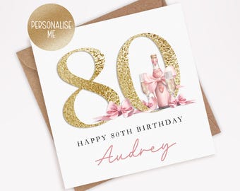 Personalised 80th Birthday Card for her, 80th birthday card for grandma, mum, sister, auntie - 80th Birthday Gift, Pink Prosecco (004)