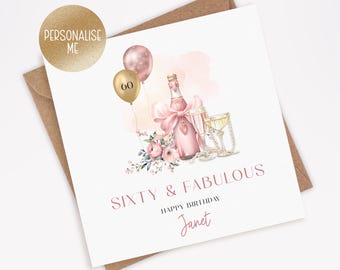 Handgefertigte Geburtstagskarte Zum 60. – Mit Strass & Glitzer, Pink Champagne Design, Inkl. Umschlag