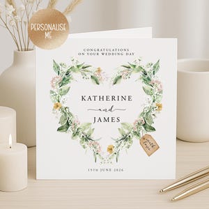 Personalised Wedding Card, Custom Names, 2026 Wedding, Greenery Heart Wreath, Fast Shipping