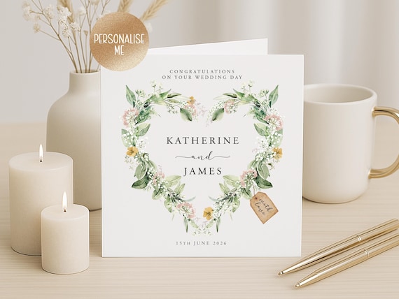 Personalised Wedding Card, Custom Names, 2026 Wedding, Greenery Heart Wreath, Fast Shipping
