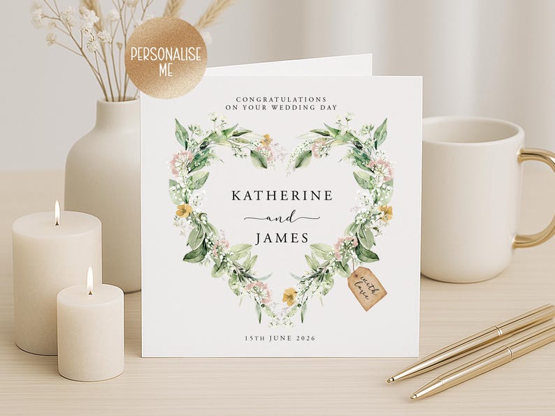 May include: A wedding card with a floral heart design, featuring the names "Katherine and James" and the date "15th June 2026". The card is accompanied by candles, a mug, pens, and a vase with flowers.