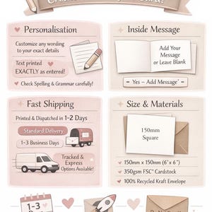 May include: An illustrated guide for creating personalized cards. Features include customization, text printing, fast shipping, and size details. The card is 6" x 6" and made with 350gsm FSC cardstock and a 100% recycled kraft envelope.