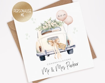 May include: A white vintage car with a floral arrangement on the back, two pink balloons tied to the back, and a "Just Married" sign. The car is on a white background with the text "Congratulations Mr & Mrs Parker" and the date "15.07.24".