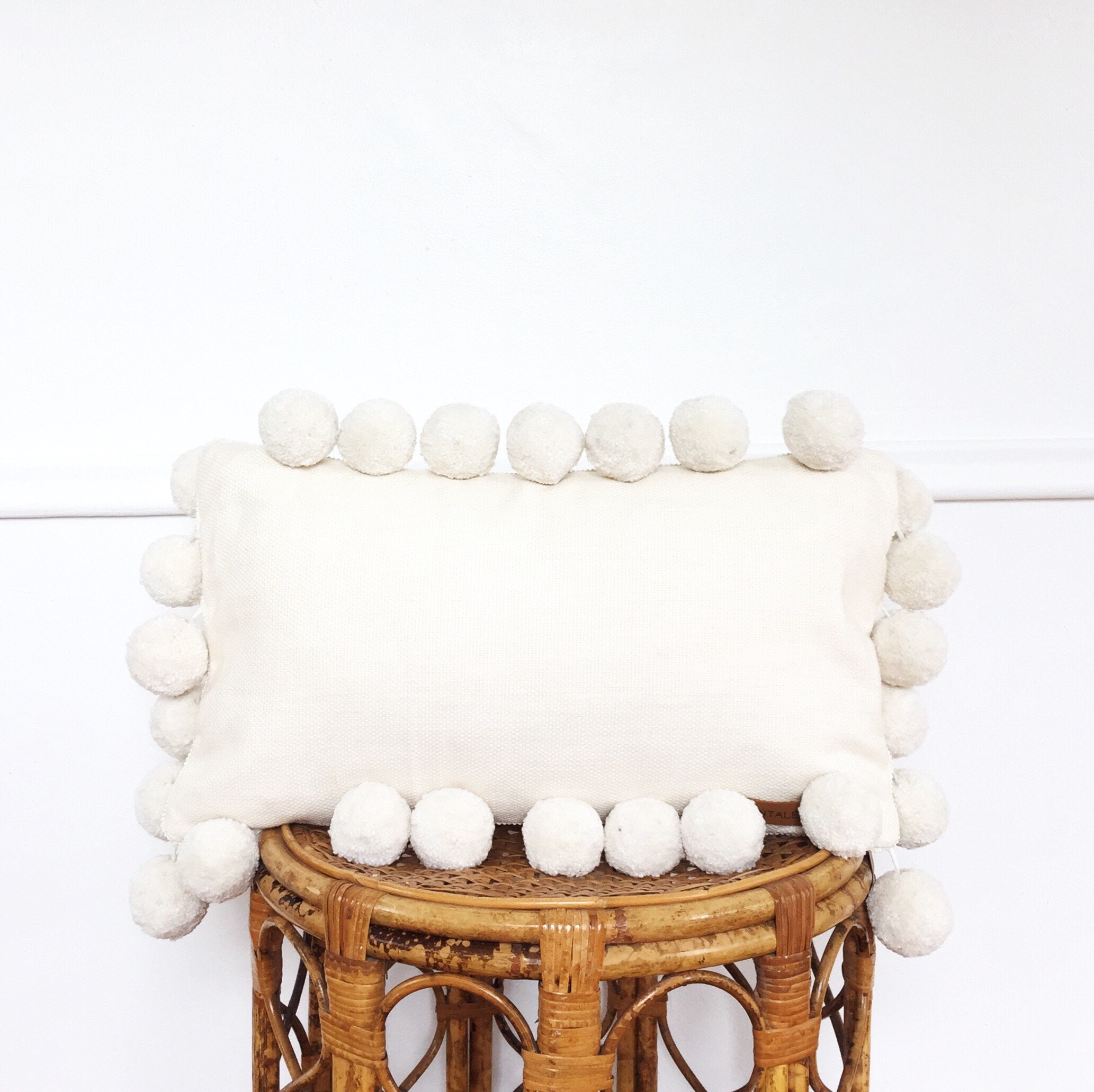 Medium Lumbar Ivory Boho Pom Pom Pillow Etsy 