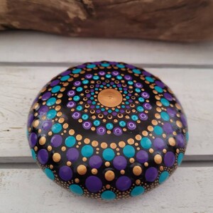 Mandala Stone. Turquoise, Purple and Gold. Hand Painted. 9cm round image 4